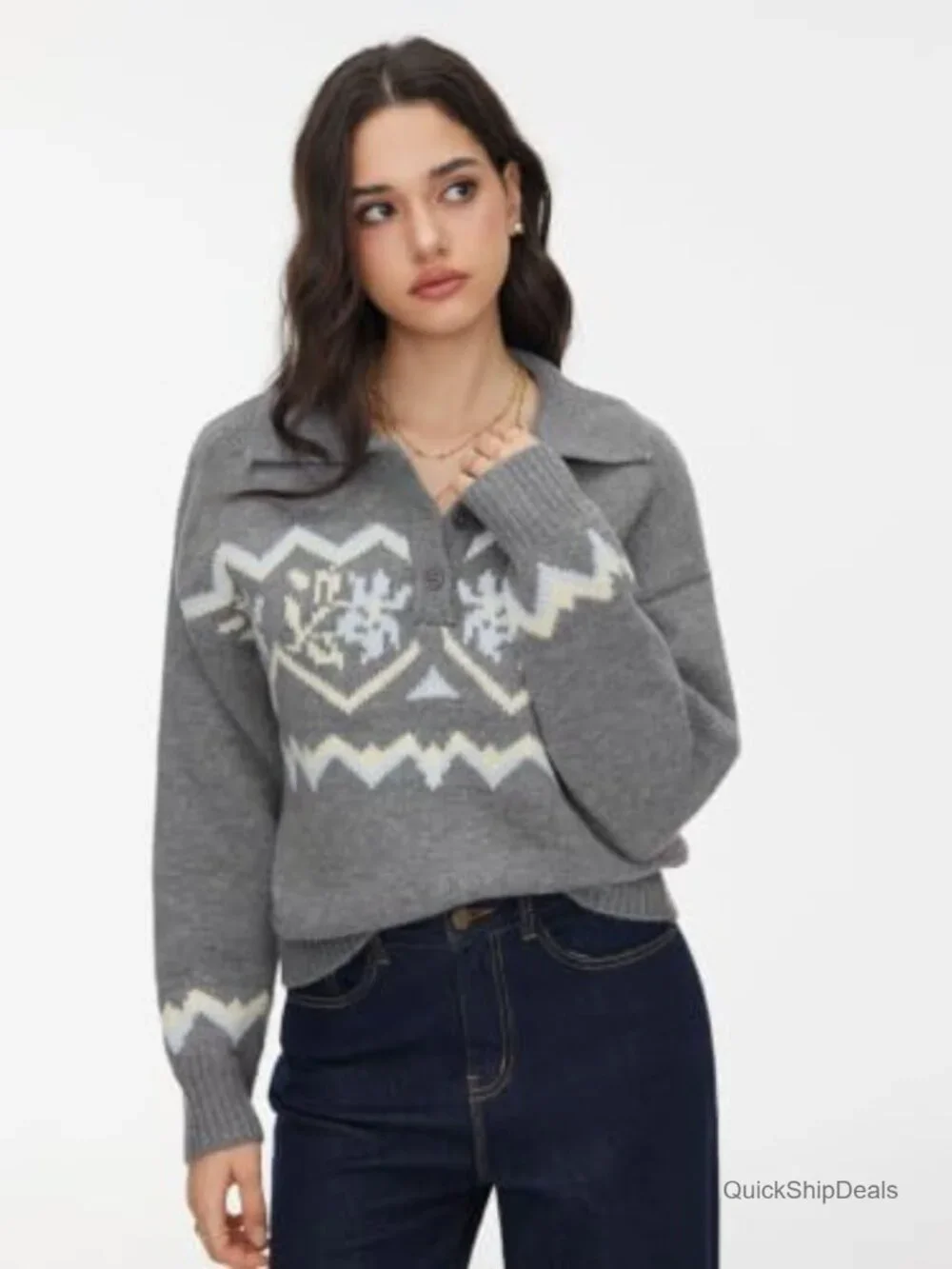 Women Fair Isle Argyle Knit Sweater Polo V Neck Long Sleeve Pullover Top